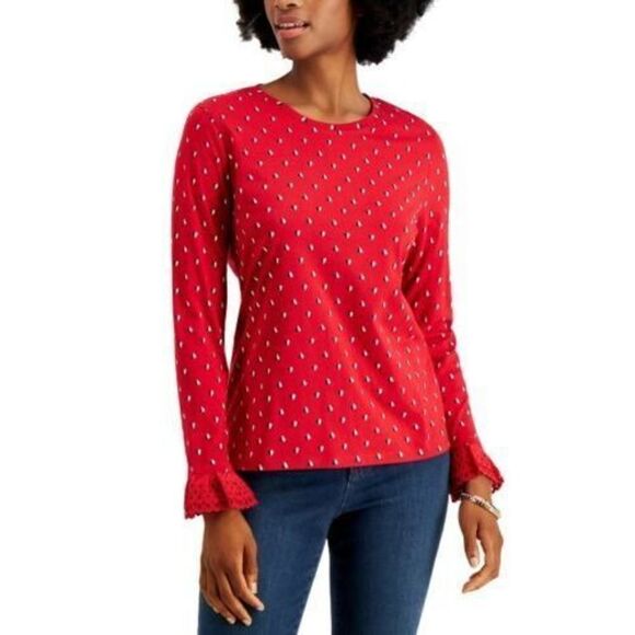 Charter Club Petite Heart-Print Ruffle-Cuff Top Ravishing Red Combo PP - Picture 1 of 1